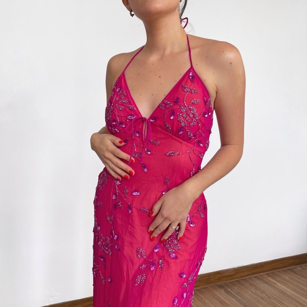 Silk beaded halter midi with asymmetrical hem